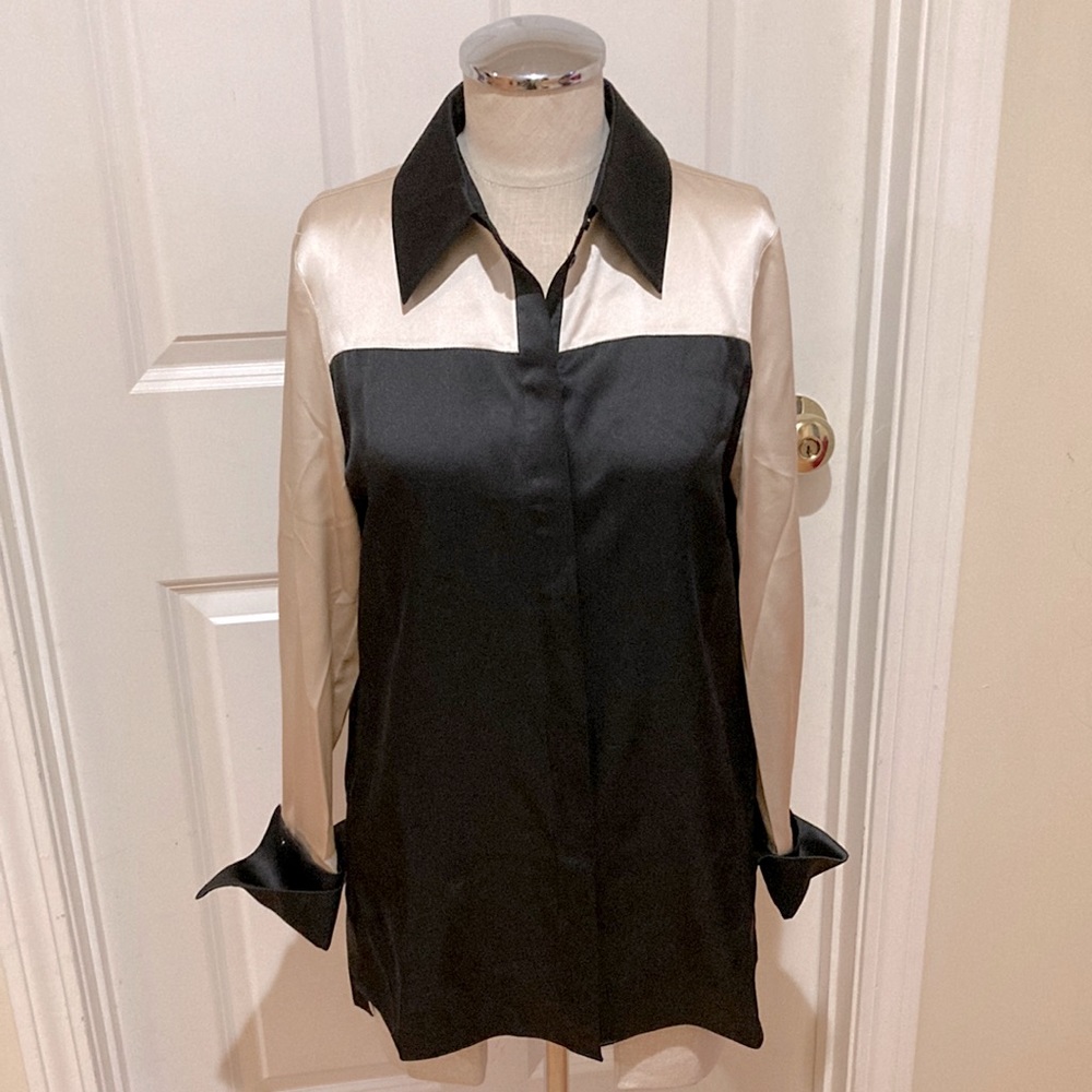 Reiss Two-Tone Black and Cream Satin Blouse